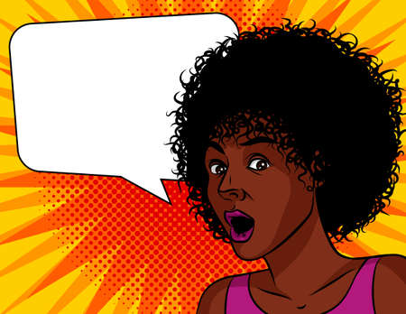 Vector Comic pop art style illustration. African american woman surprised. The woman opened her mouth in amazement. The girl is shocked. Emotional female face over dot halftone backgroundのイラスト素材