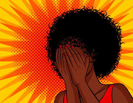 Color vector illustration in comic pop art style. The dark skinned woman covered her face with her hands. African American woman is afraid. Woman in a panic. Black woman scared and upsetのイラスト素材