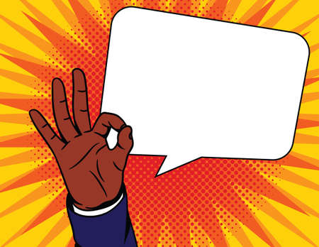 Colored vector illustration in pop art comic style. Male hand with an approved sign. African American man shows his agreement with a gesture. "Ok" sign over dot halftone backgroundのイラスト素材