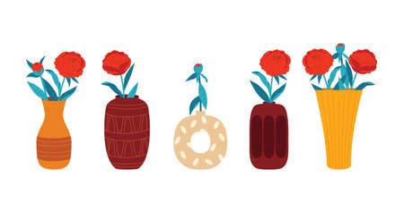 Colored vector illustration in a flat style. Flowers in a vase isolated on white background. A set of peonies in vases of different shapes.のイラスト素材