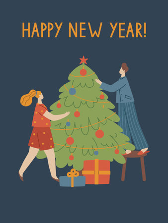 Vector flat style illustration. People decorate the Christmas tree. Postcard for the new year. A young couple are preparing for Christmas. The family decorates the Christmas tree.のイラスト素材