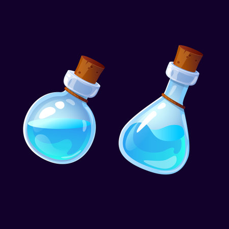 Color vector illustration of a magic bottle with an elixir inside. Witch's potion icon for the game. Blue liquid in a transparent bottle with a corkwood plug. UI game assetsのイラスト素材