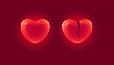 Vector set of red hearts in realistic style isolated from background. broken heart. Game asset red glossy heartのイラスト素材