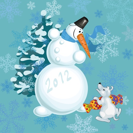 fun snowman and his friend - a little puppy celebrate the new yearのイラスト素材