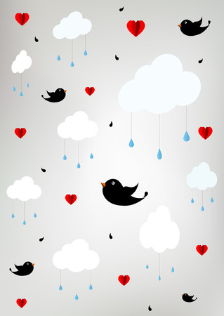 Stylized sky with clouds, raindrops, birds and hearts - paper cutのイラスト素材