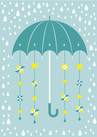 stylized illustration of umbrella in rain with suns and windmills hanging downのイラスト素材