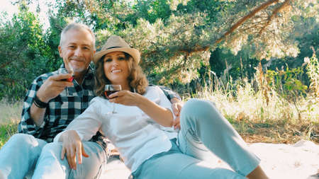 A middle-aged couple with glasses of wine is having fun chatting online while sitting in nature on a picnic on a summer evening.の写真素材