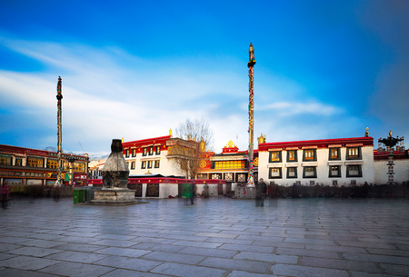 A 2019 long exposure image of the holiest temple for Tibetan Buddhists - Jokhang, in Barkhor square,...