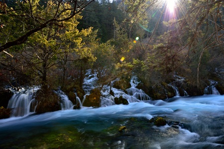 Running stream with sunlight shining throughの写真素材