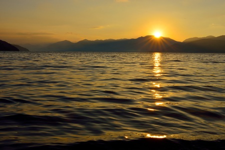 Lugu Lake during sunriseの写真素材