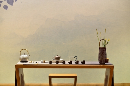 tea set on a wooden tableの写真素材