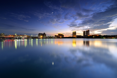 the sunset of Mingyue lakeの写真素材