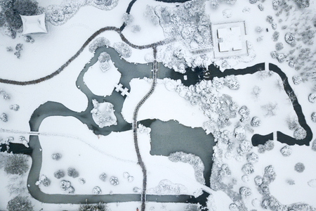 aerial view of a park during winterの写真素材