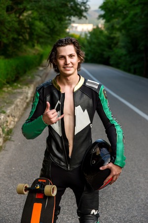 Portrait of a professional longboarderの写真素材