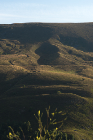 Contrasting slope covered with grass in the morning light of dawn