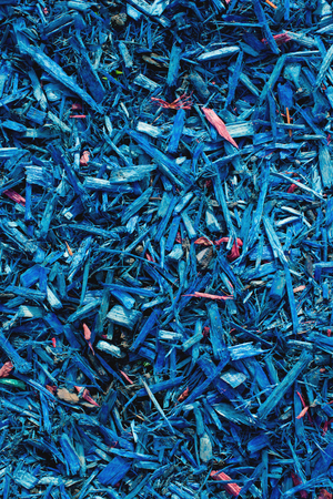 Textured background decorative colored sawdust for finishing flowerbeds in the winter season. Blue...