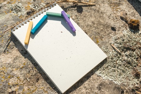 Close-up artwork for the designer. A blank notepad for drawing pastel on which lay an artistic pastel crayons color chalks of purple green blue and yellow lies on a rock in nature outdoors. The concept of creativity and unity with natureの写真素材