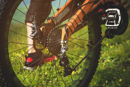 Close-up view of rear wheel cassette from mountain bike on the landscape and green grass.の写真素材