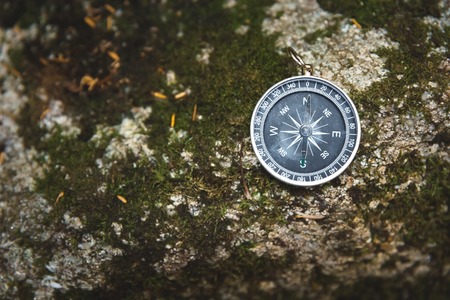 Magnetic compass with a black dial on a wild stone covered with green moss. The concept of finding the way and navigationの写真素材