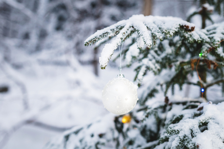 Close-up of a Christmas toy on a snow-covered lively tree in the winter forest on the background of lightsの写真素材