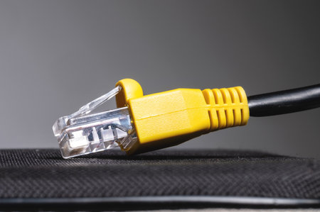 RJ45 network plug close-up on a gray background. Plug 100 mbの写真素材