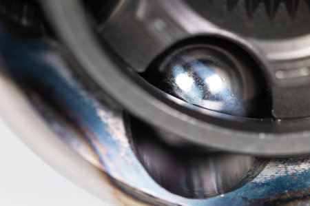 Close-up of a new CV joint on a gray background. Car suspension parts