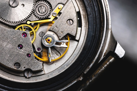 Opened mechanism of mechanical old wrist watch close upの写真素材
