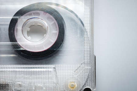 Audio cassettes on gray background retro background. Old sound recordersの写真素材