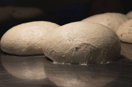 The uncooked round buns of dough are placed on a metal tray. Hamburger bun doughの写真素材