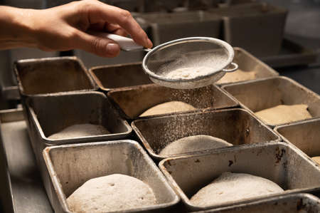 Close-up of female hands sprinkling a piece of raw dough in a baking form with flour. Prepare the...