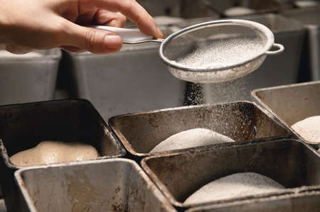 The dough for rye bread in metal molds is sprinkled with flour. Close-up preparation for baking in...