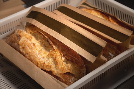 Fresh hot bread packed in paper bags in a plastic box