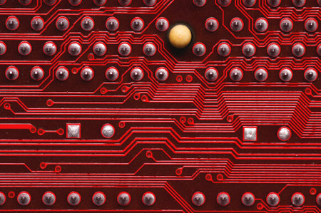 Red Circuit board, electronic computer hardware technology. Motherboard digital chip. Technical...