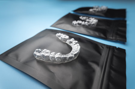 new transparent plastic braces lie on a special orthodontic package with a zipper on a blue background, studio shot, nobodyの写真素材