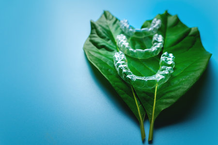 Invisible plastic braces three pieces lie on a green succulent leaf from a flower on a blue...