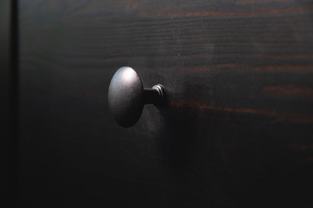 Close-up of a black wooden cabinet with round black metal handlesの写真素材