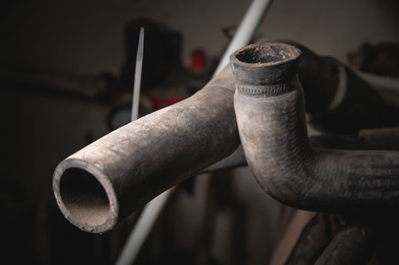 Old engine cooling hoses. Branch pipes worn in selective focusの写真素材