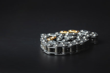 New timing chain on a black background close-up in selective focus