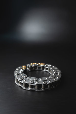 New timing chain on a black background close-up in selective focus