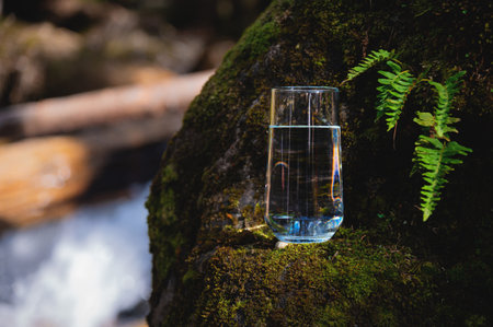 Clear water in a clear glass against a background of green moss with a mountain river in the background. Healthy food and environmentally friendly natural waterの写真素材