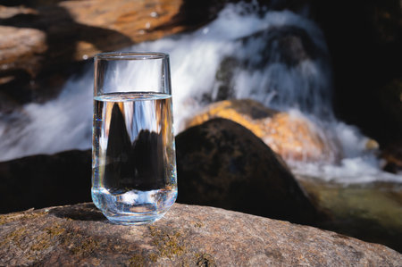 Clean water, healthy concept. Natural drinking water in a glass glass stands on a stone against the backdrop of a river, natureの写真素材
