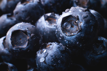 Wet fresh blueberry background. Studio macro photography. blueberries covered with water drops, on a black background. Very detailed macro photographyの写真素材