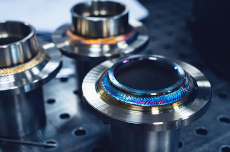 Freshly welded seam on a stainless flange. Production of metal products from stainless steel by weldingの写真素材