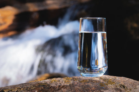 Natural water in a glass. Pure water in a transparent glass against the backdrop of a mountain river...