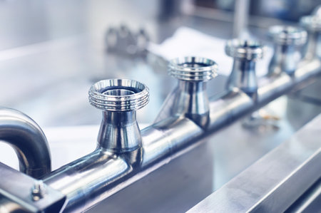 Separation pipe made of stainless steel with threaded elbows in production. Metal structures for production lines. Toned imageの写真素材
