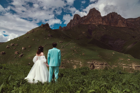 Bride and groom holding hands near a mountain against a cloudy sky in a natural park. A wedding couple walks in the mountains. Rear view, newlyweds looking at the mountainsの写真素材