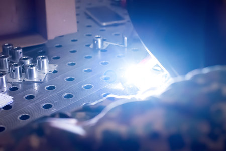 A view from behind of the work of an industrial welder. Flash of a plasma welding machine. Male...
