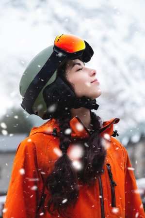 Smiling young woman, portrait, standing and enjoying snowfall, wearing protective clothing, helmet and goggles. Winter sports resortの写真素材
