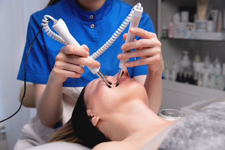 Close-up of a professional cosmetologists hands touching a womans cheek with equipment. Young woman...