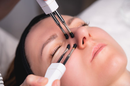Close-up portrait of a beautiful woman with closed eyes and a skin rejuvenation machine. Salon...
